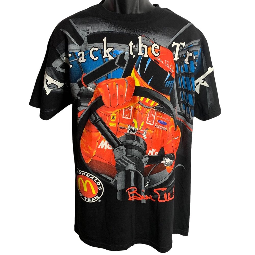 Vintage 1998 Bill Elliot Crewneck T Shirt L Black AOP Attack the Track McDonalds
